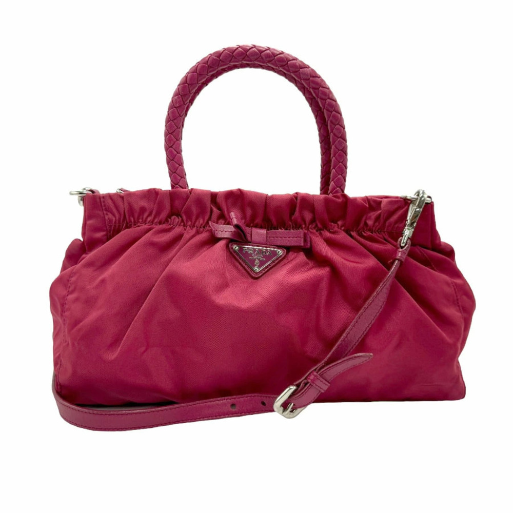 Prada handbag braided top handles gathered Red Pink